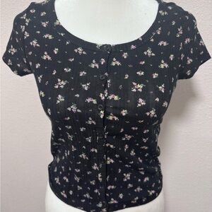 Black Flloral Black Button-Up Top